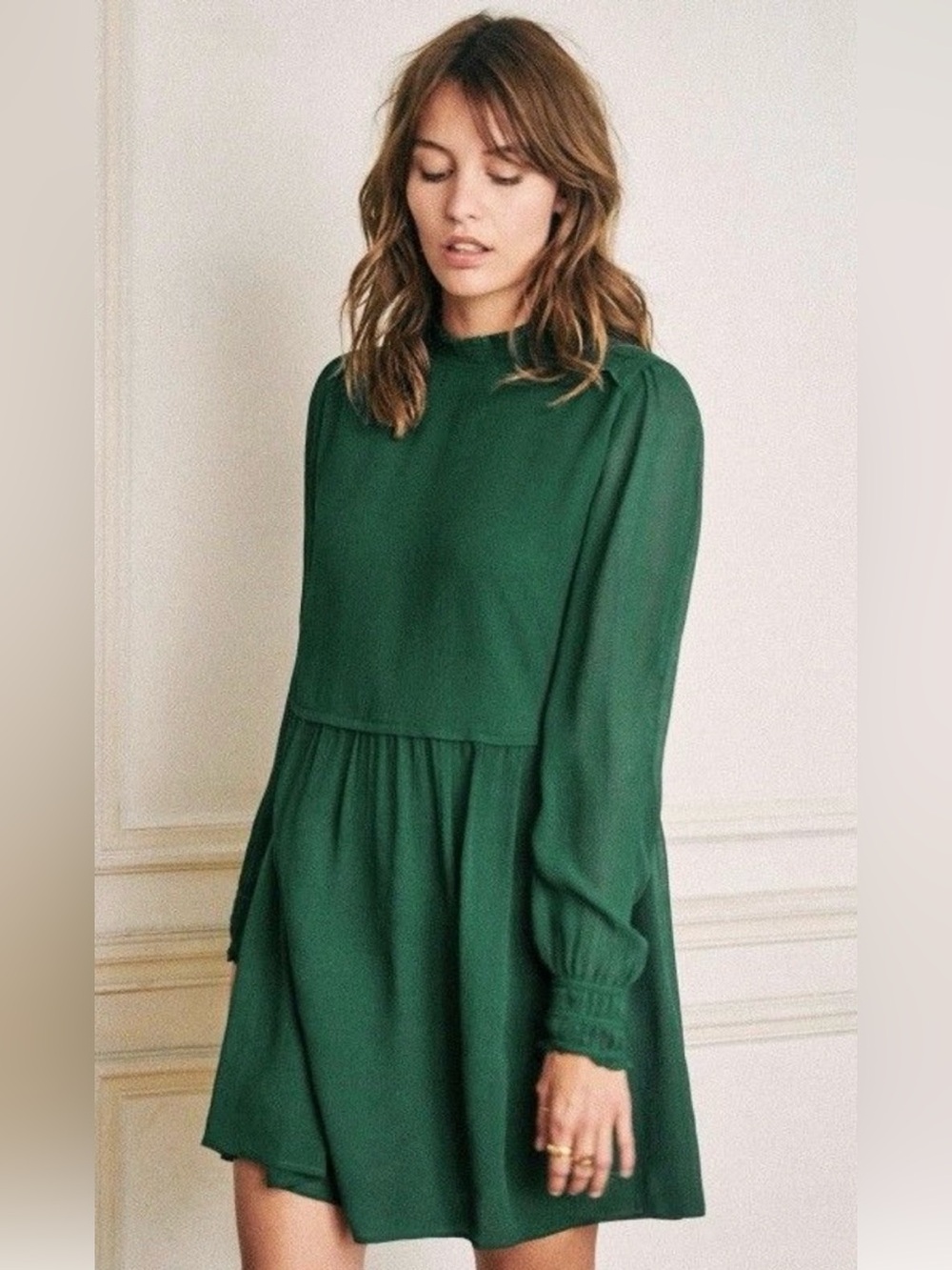 Sezane Silk Odile Dress in Emerald Green